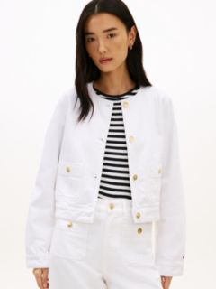 Gold-Tone Button Collarless Denim Jacket — White 1