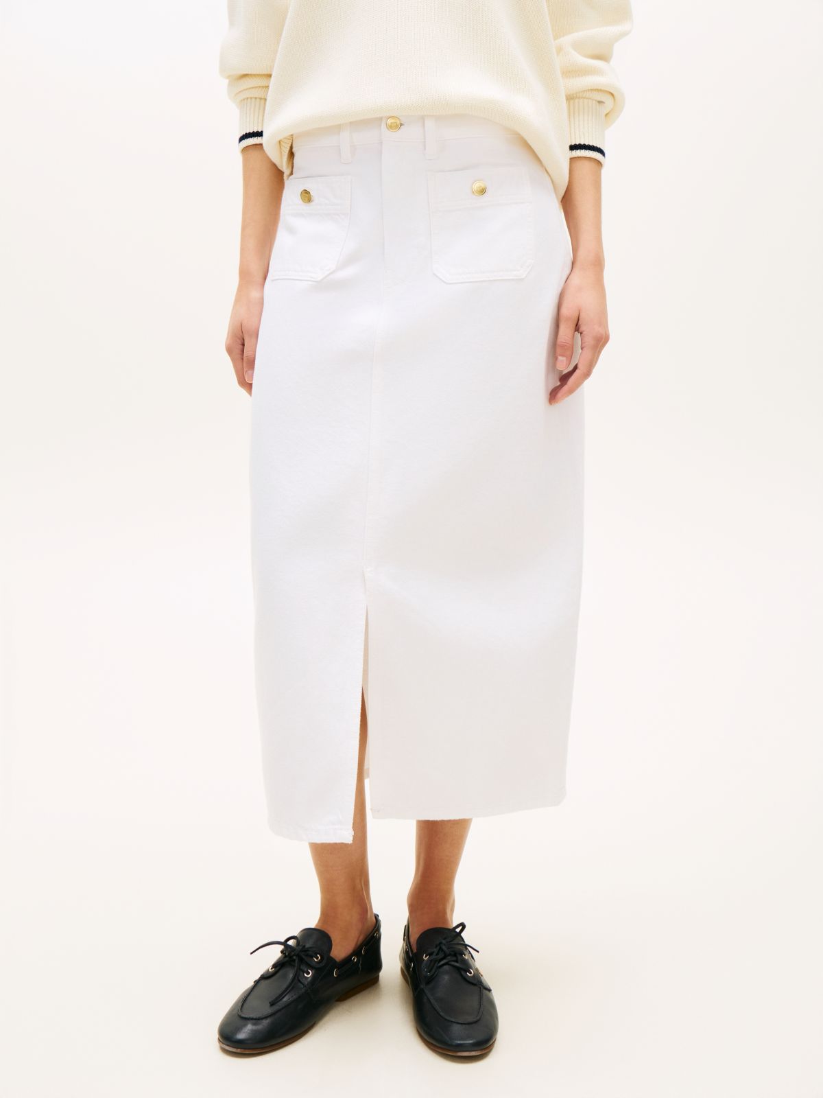 Gold-Tone Button White Denim Midi Skirt — White