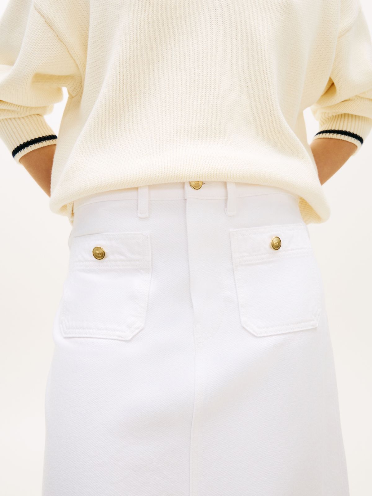 Gold-Tone Button White Denim Midi Skirt — White