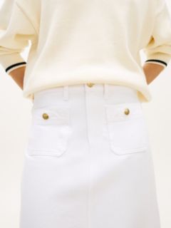 Gold-Tone Button White Denim Midi Skirt — White 3