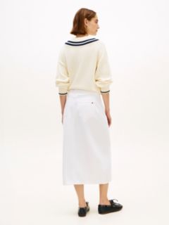Gold-Tone Button White Denim Midi Skirt — White 4