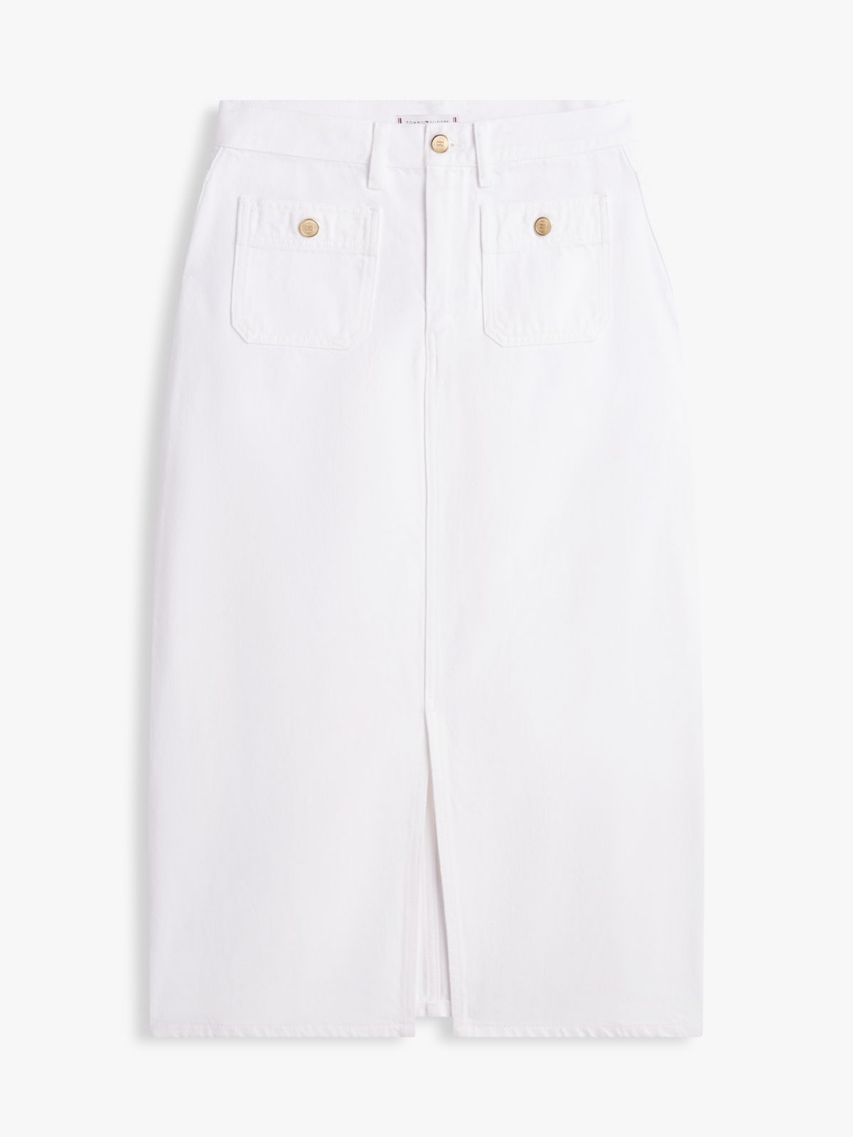 Gold-Tone Button White Denim Midi Skirt — White