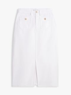 Gold-Tone Button White Denim Midi Skirt — White 5