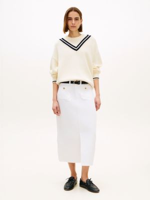 white gold-tone button white denim midi skirt for women tommy hilfiger