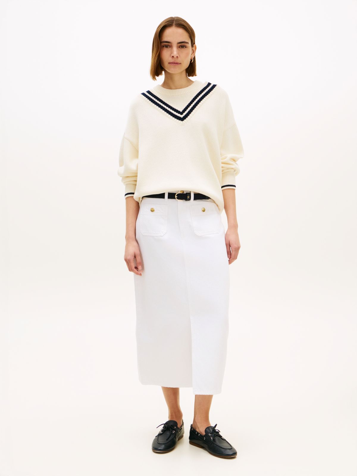 Gold-Tone Button White Denim Midi Skirt — White