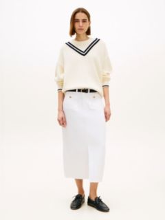 Gold-Tone Button White Denim Midi Skirt — White 1