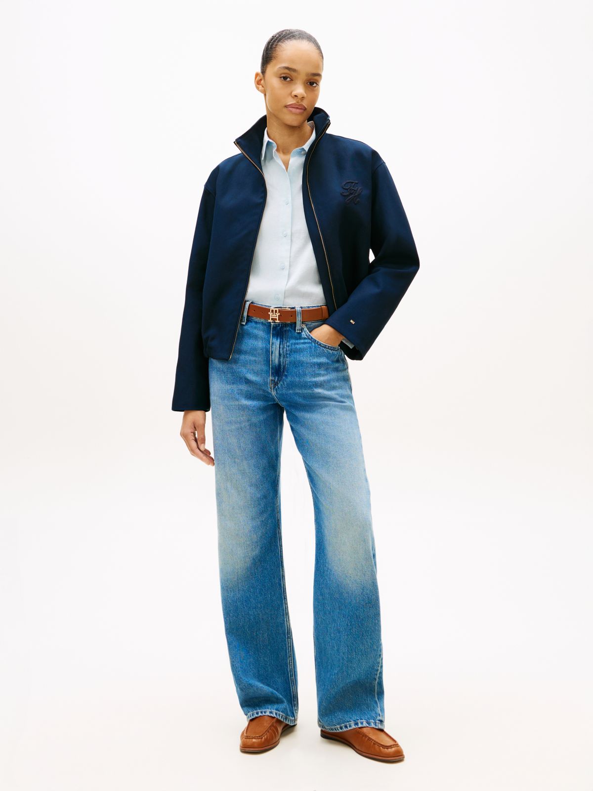 Logo Appliqué Oversized Bomber Jacket — Blue