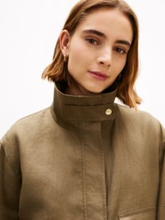 Gold-Tone Button Pure Linen Utility Jacket — Green 2