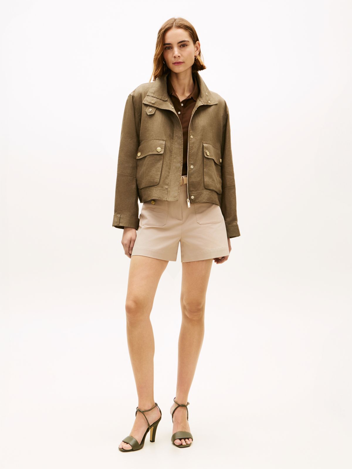 Gold-Tone Button Pure Linen Utility Jacket — Green