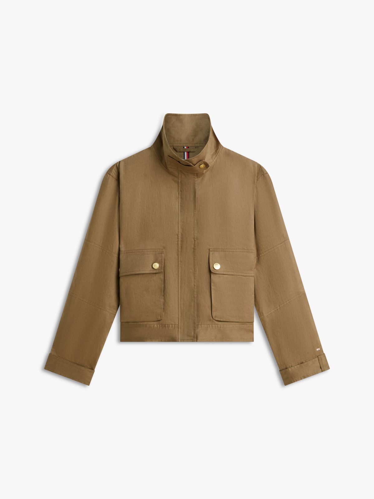 Gold-Tone Button Pure Linen Utility Jacket — Green