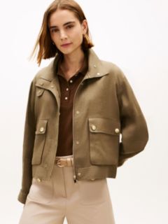 Gold-Tone Button Pure Linen Utility Jacket — Green 1