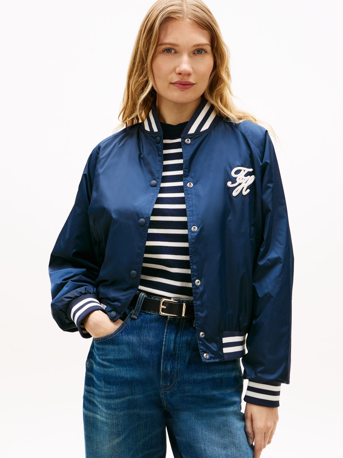 Logo Appliqué Water Repellent Bomber Jacket — Blue