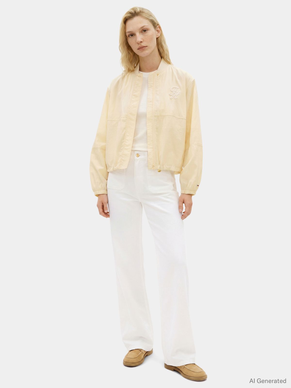 Logo Embroidery Balloon Sleeve Bomber Jacket — Beige