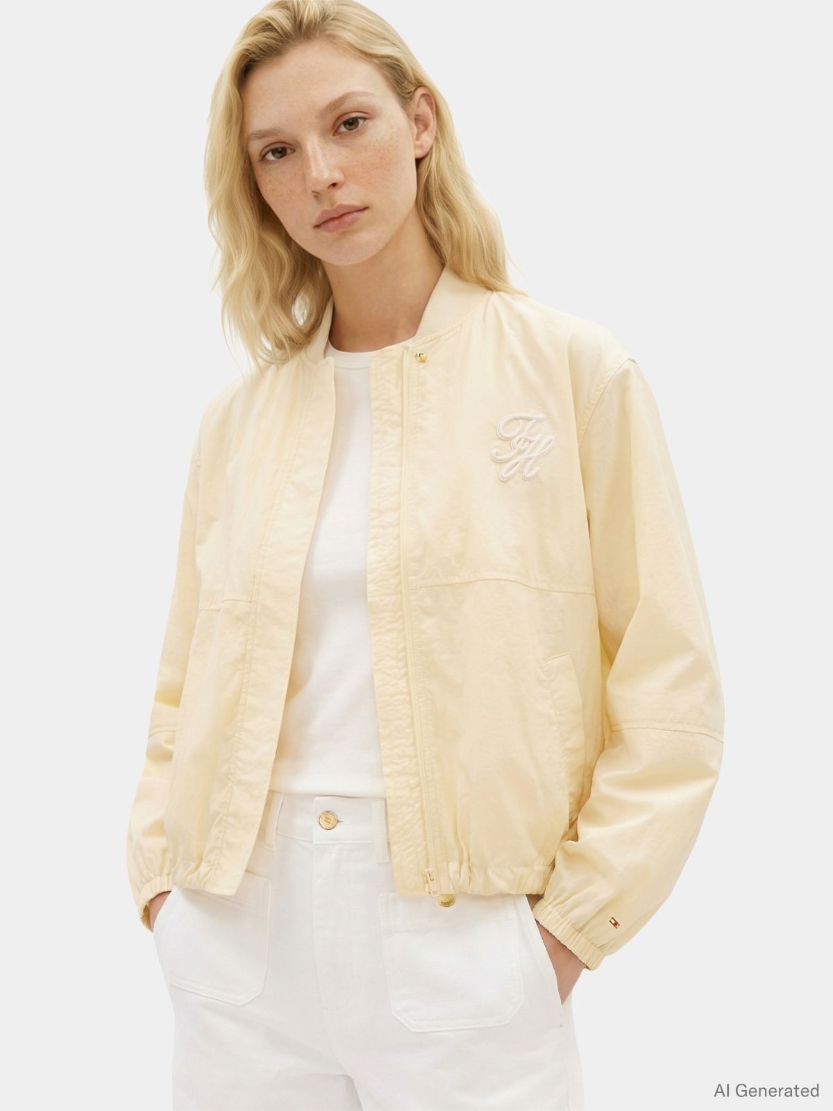 Logo Embroidery Balloon Sleeve Bomber Jacket — Beige