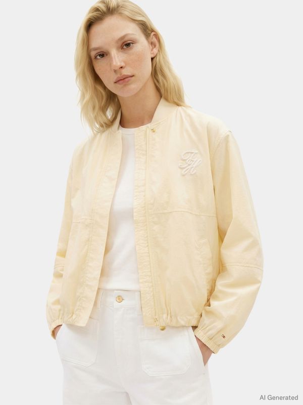 Logo Embroidery Balloon Sleeve Bomber Jacket — Beige
