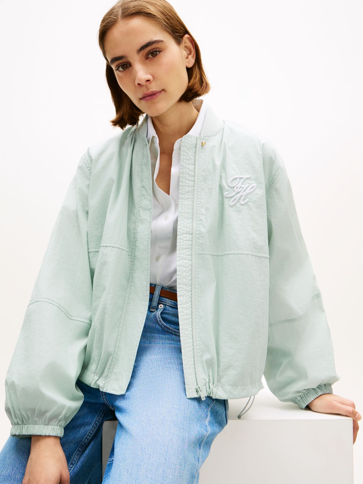 Logo Embroidery Balloon Sleeve Bomber Jacket — Grey