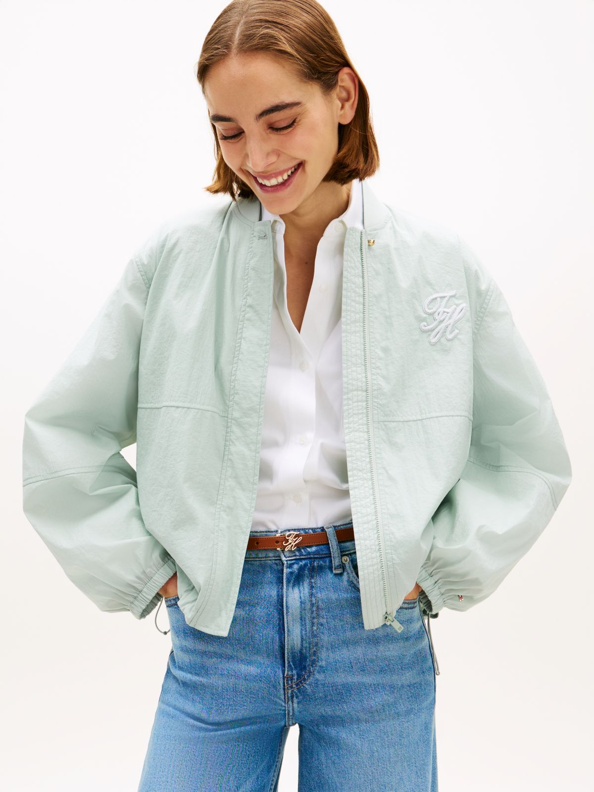 Logo Embroidery Balloon Sleeve Bomber Jacket — Grey