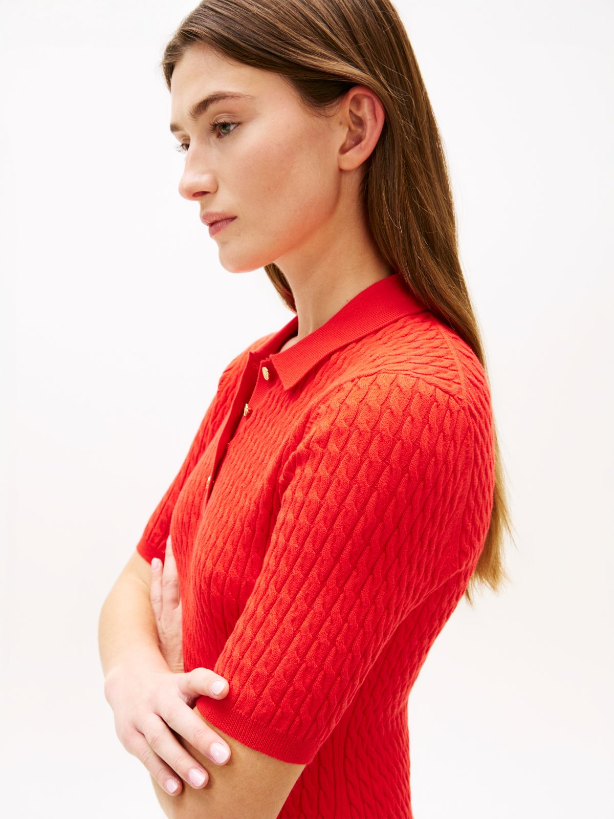Cable Knit Slim Mini Polo Dress — Orange