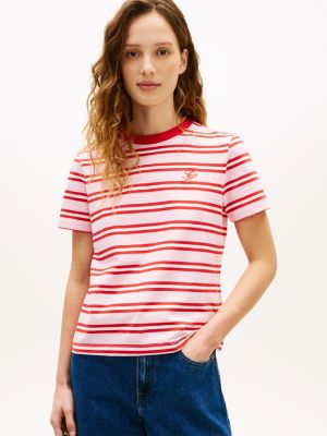 t-shirt in jersey con logo ricamato pink da donne tommy hilfiger