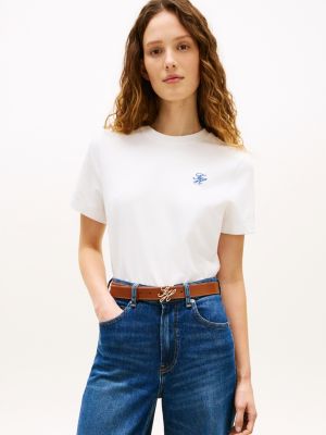 white logo embroidery jersey crew neck t-shirt for women tommy hilfiger