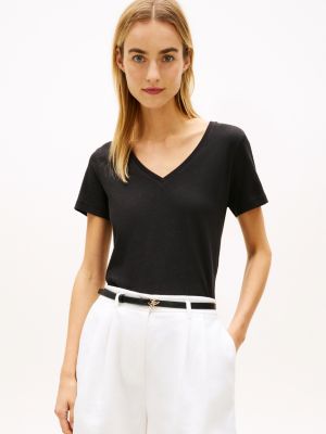 black linen blend v-neck t-shirt for women tommy hilfiger