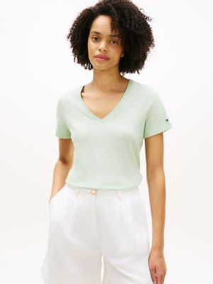 green linen blend v-neck t-shirt for women tommy hilfiger
