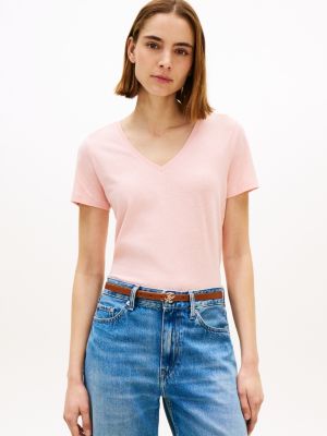 pink linen blend v-neck t-shirt for women tommy hilfiger