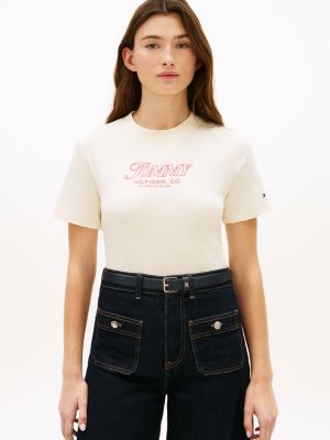 beige logo interlock knit t-shirt for women tommy hilfiger