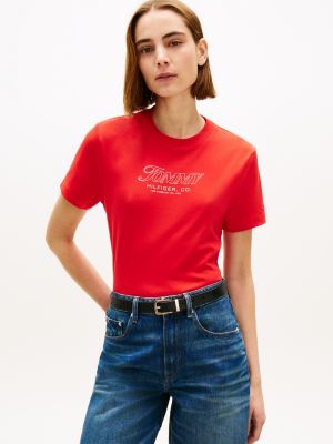 orange logo interlock knit t-shirt for women tommy hilfiger