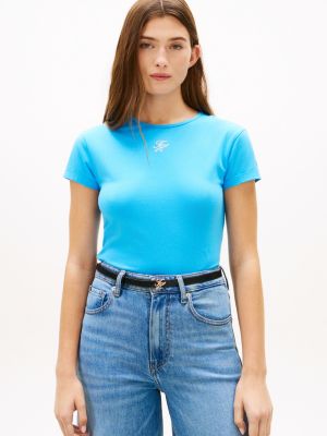 blue textured logo slim jersey t-shirt for women tommy hilfiger