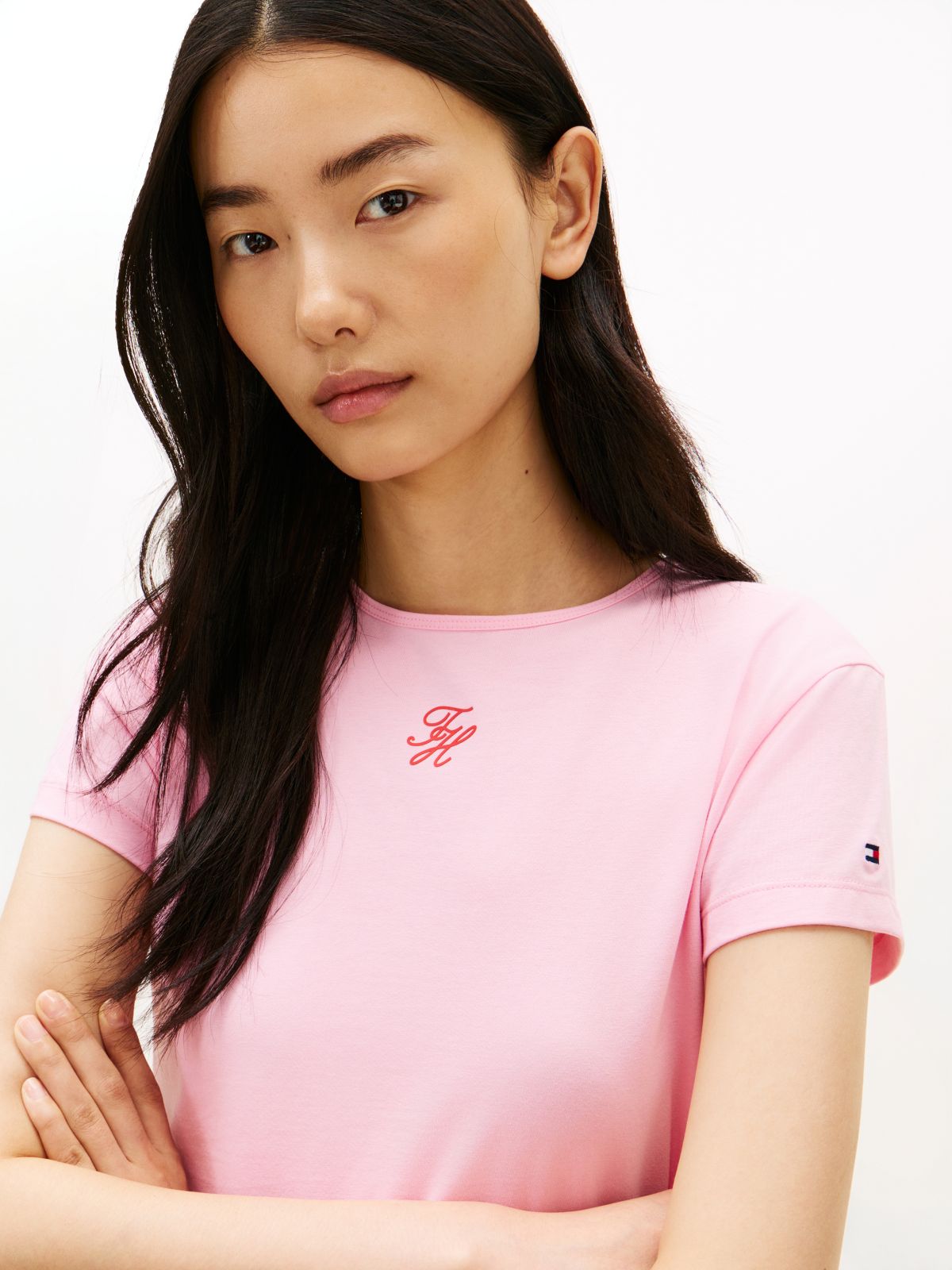 Textured Logo Slim Jersey T-Shirt — Pink