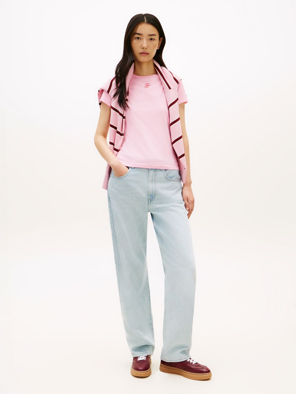 Textured Logo Slim Jersey T-Shirt — Pink