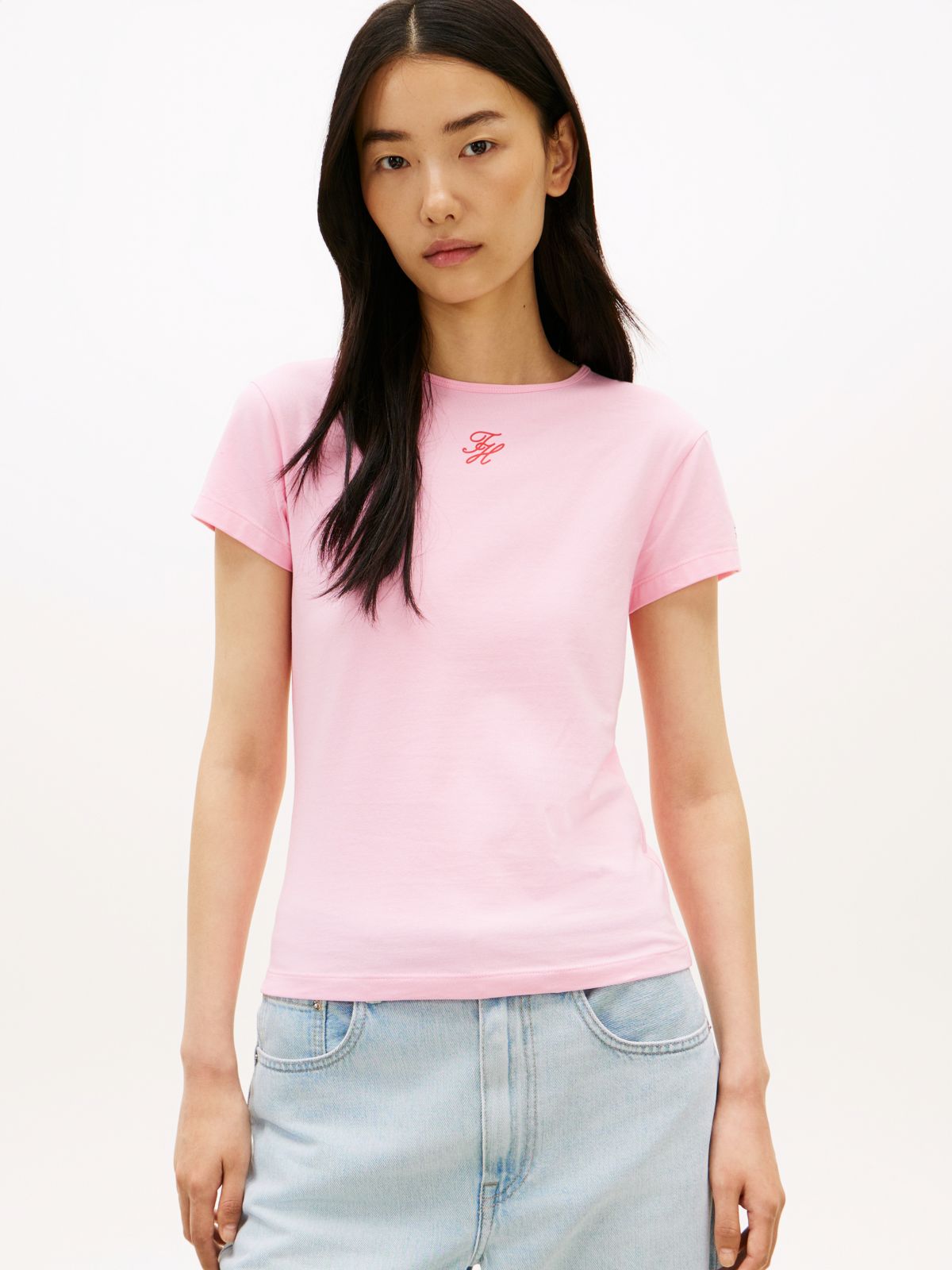 Textured Logo Slim Jersey T-Shirt — Pink