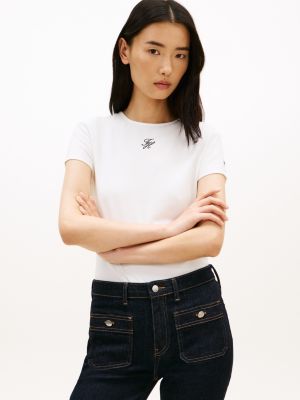 white textured logo slim jersey t-shirt for women tommy hilfiger