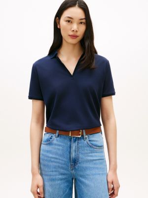 polo en piqué décontracté à patte ouverte blue pour femmes tommy hilfiger