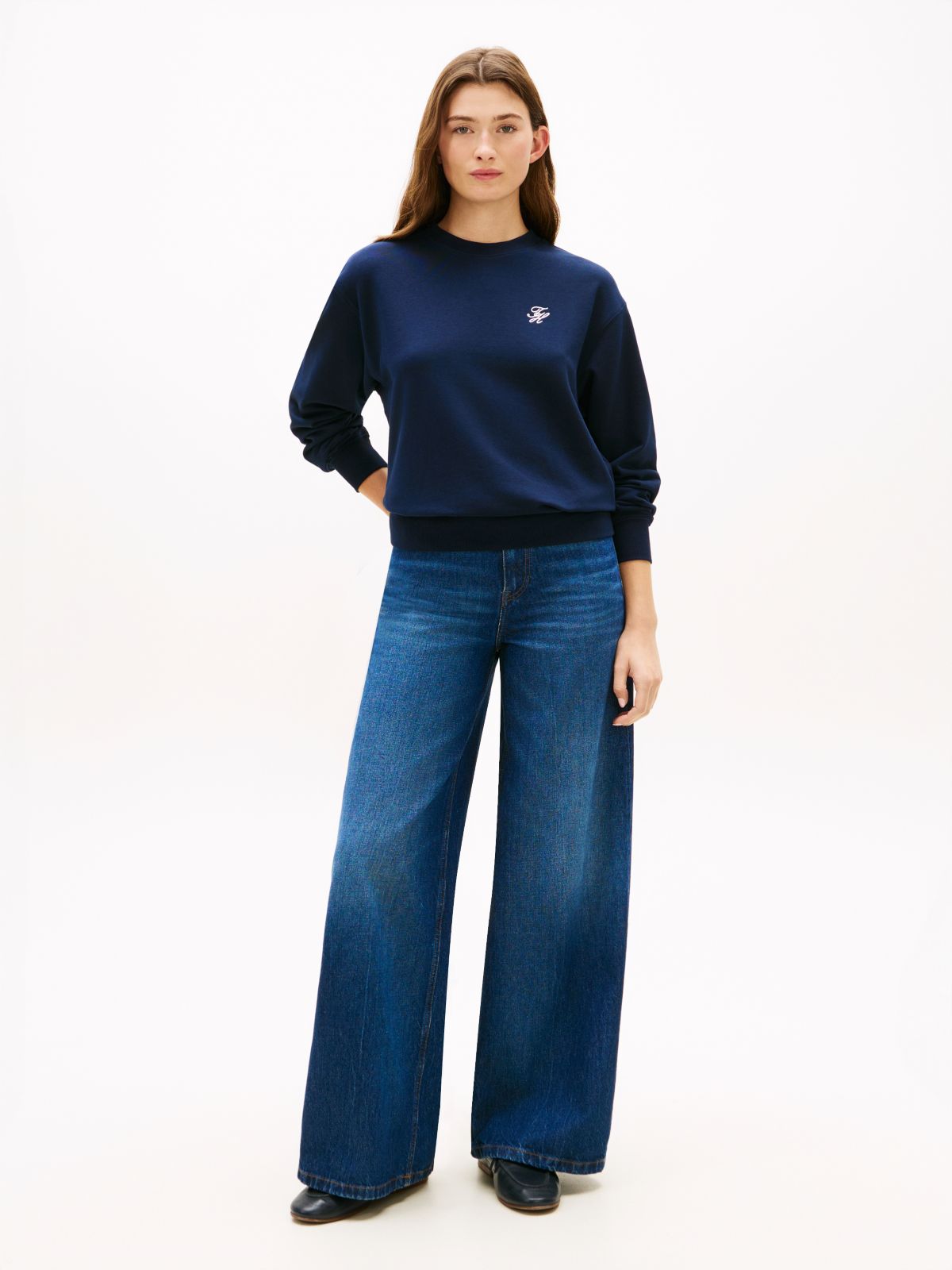 Logo Embroidery Terry Crew Neck Sweatshirt — Blue