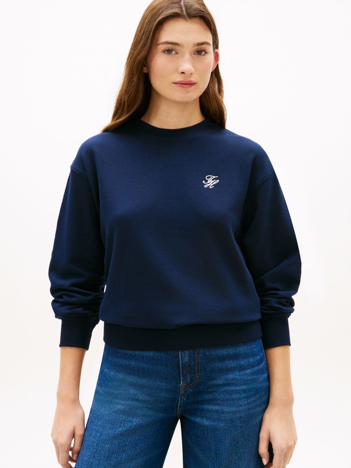 Logo Embroidery Terry Crew Neck Sweatshirt — Blue