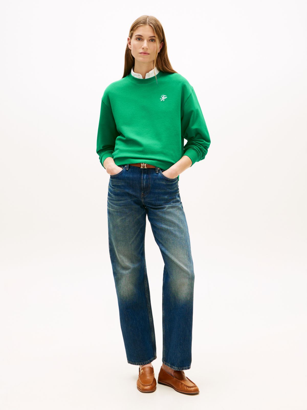 Logo Embroidery Terry Crew Neck Sweatshirt — Green