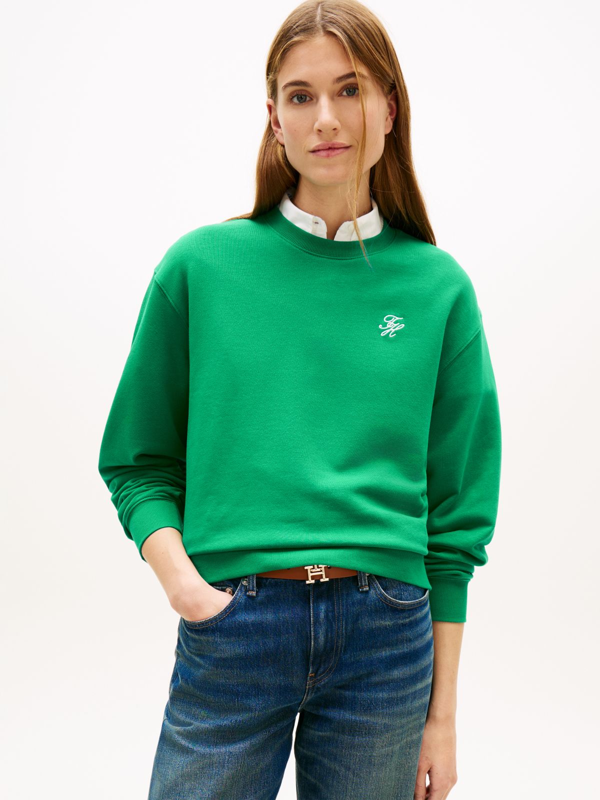 Logo Embroidery Terry Crew Neck Sweatshirt — Green