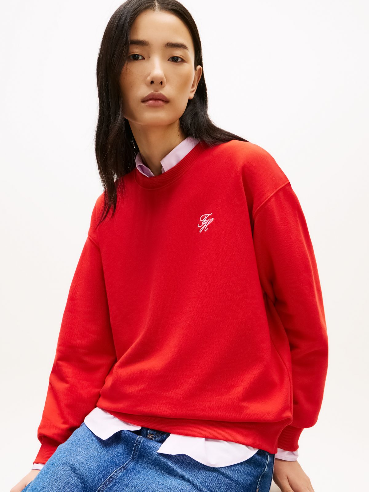 Logo Embroidery Terry Crew Neck Sweatshirt — Orange