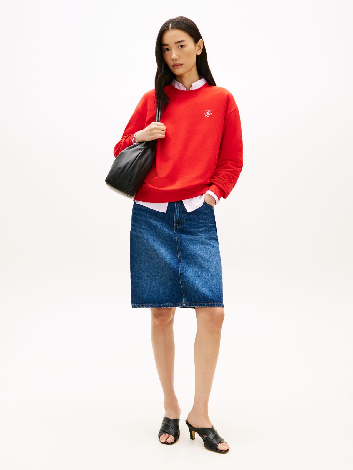 Logo Embroidery Terry Crew Neck Sweatshirt — Orange