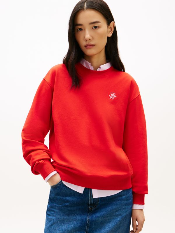 Logo Embroidery Terry Crew Neck Sweatshirt — Orange