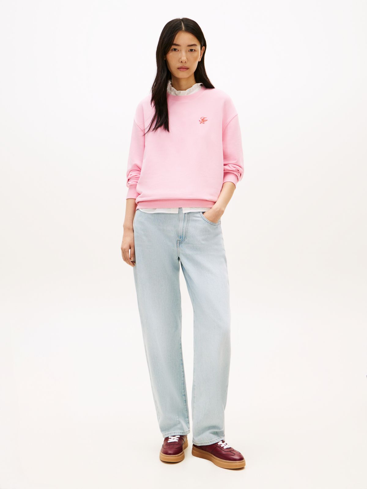 Logo Embroidery Terry Crew Neck Sweatshirt — Pink