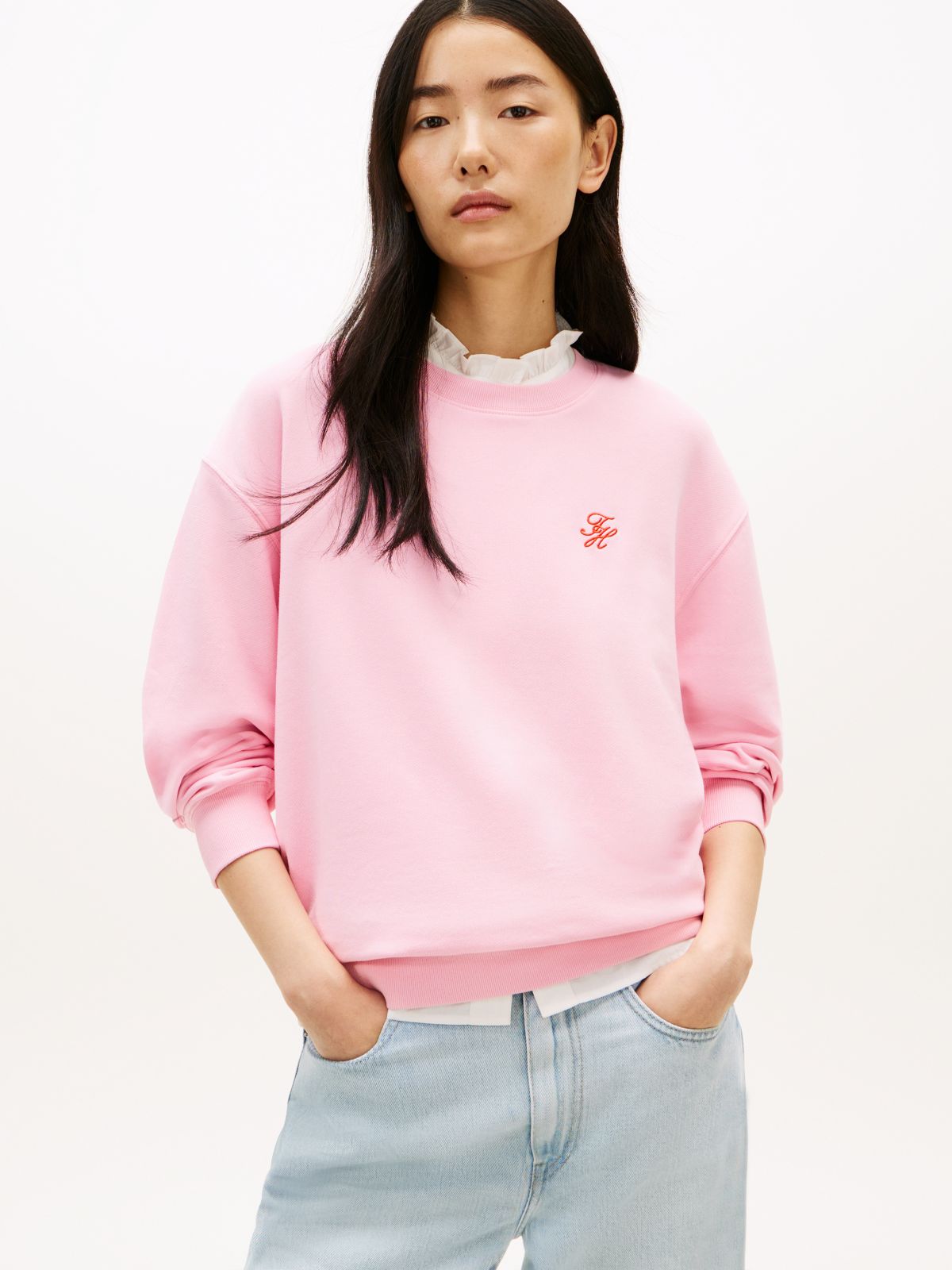 Logo Embroidery Terry Crew Neck Sweatshirt — Pink
