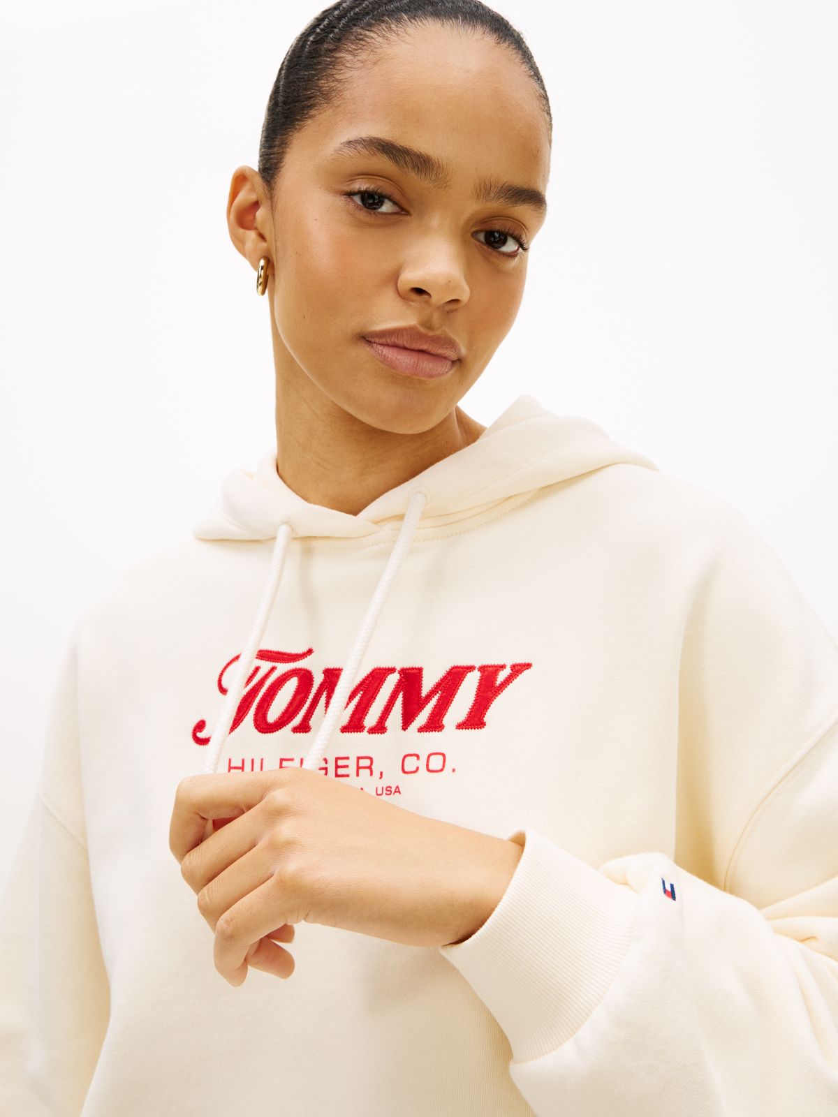 Textured Logo Relaxed Drawstring Hoody — Beige