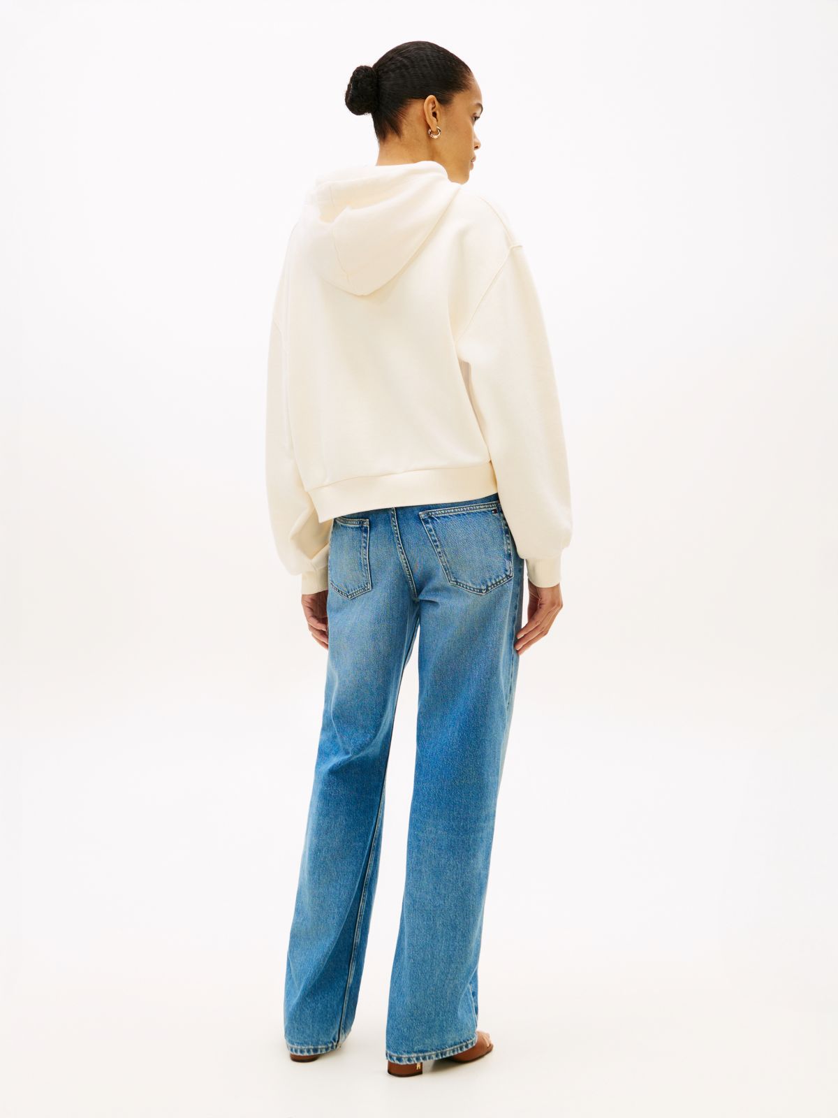 Textured Logo Relaxed Drawstring Hoody — Beige