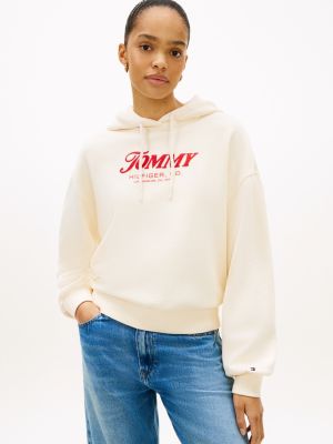beige textured logo relaxed drawstring hoody for women tommy hilfiger