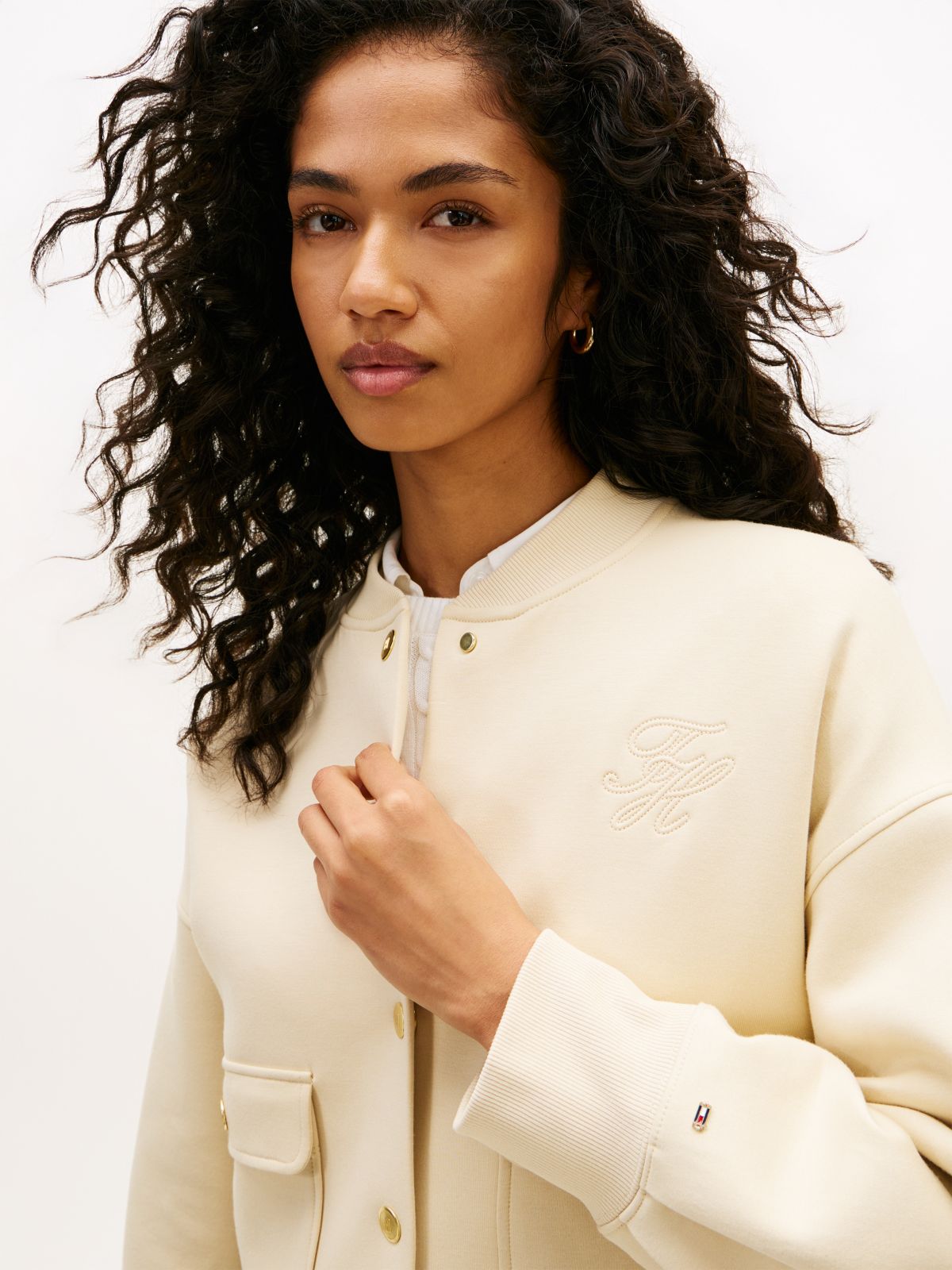 Gold-Tone Button Interlock Knit Relaxed Cardigan — Beige