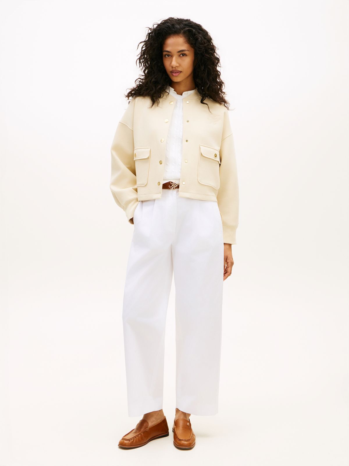 Gold-Tone Button Interlock Knit Relaxed Cardigan — Beige