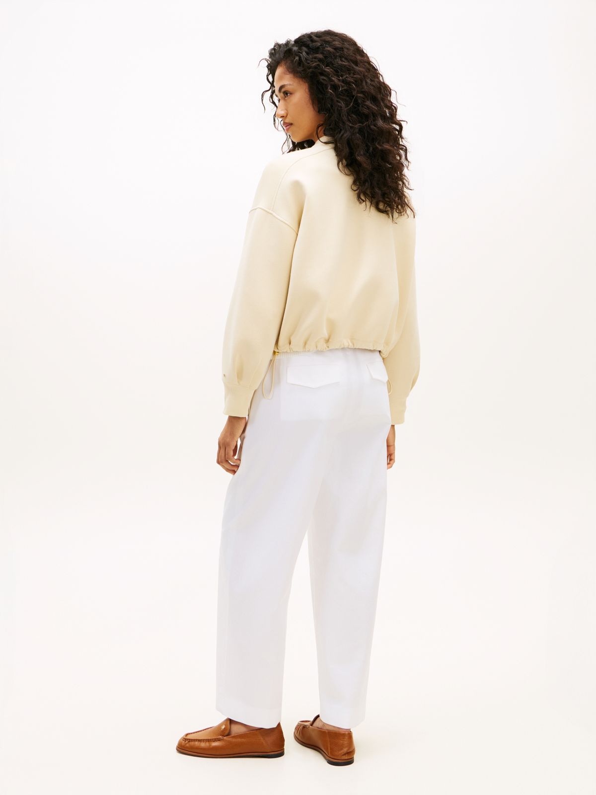 Gold-Tone Button Interlock Knit Relaxed Cardigan — Beige